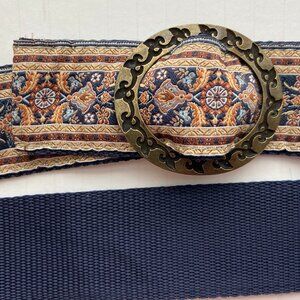 DERIN Women's (L) Cloth Belt Navy & Coral With Gold Buckle